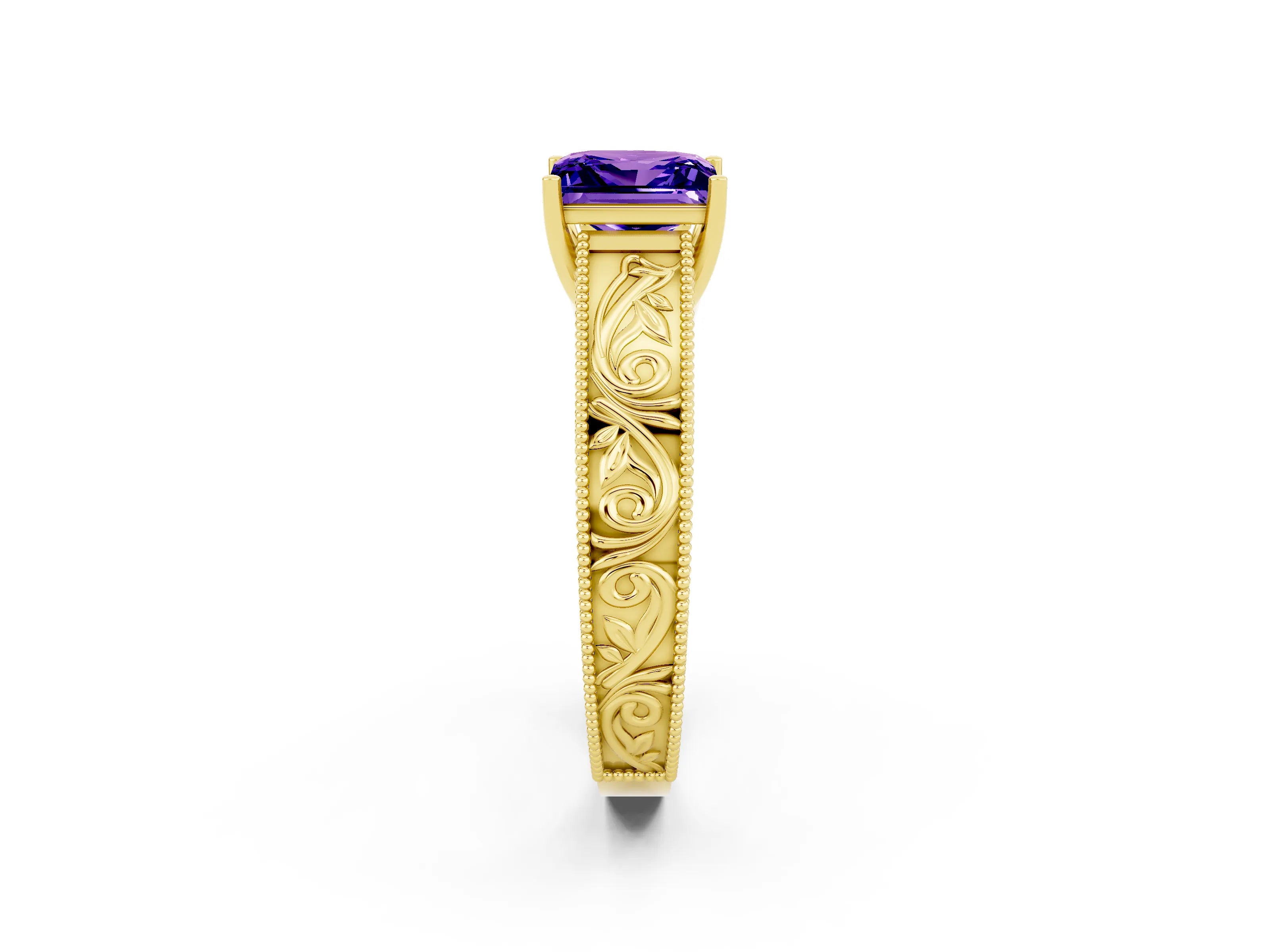 Yellow gold Princess Cut Tanzanite Solitaire Ring with Engraved Band and Four-Prong Setting_2