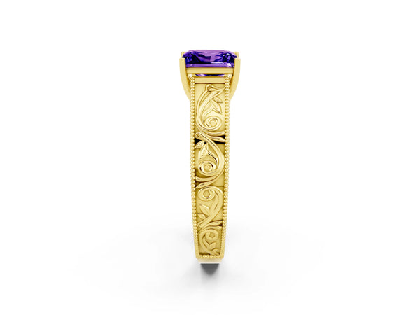 Yellow gold Princess Cut Tanzanite Solitaire Ring with Engraved Band and Four-Prong Setting