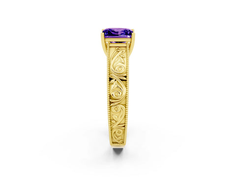 Yellow gold Princess Cut Tanzanite Solitaire Ring with Engraved Band and Four-Prong Setting_2