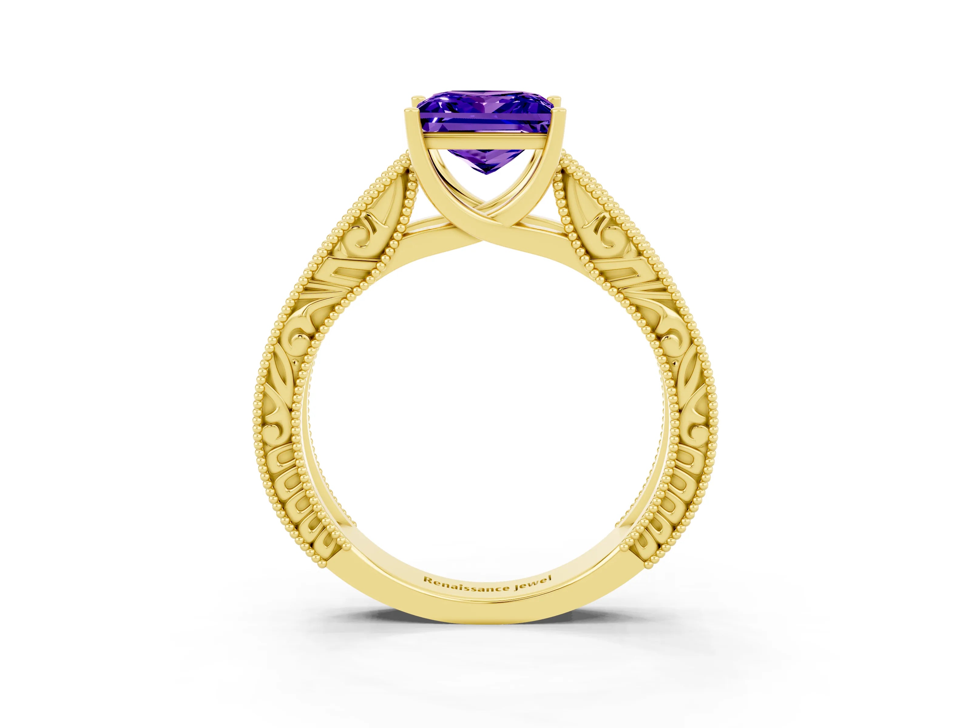 Yellow gold Princess Cut Tanzanite Solitaire Ring with Engraved Band and Four-Prong Setting_3