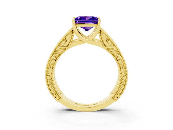 Yellow gold Princess Cut Tanzanite Solitaire Ring with Engraved Band and Four-Prong Setting