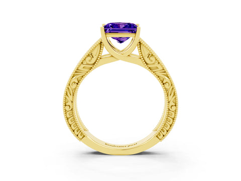 Yellow gold Princess Cut Tanzanite Solitaire Ring with Engraved Band and Four-Prong Setting_3