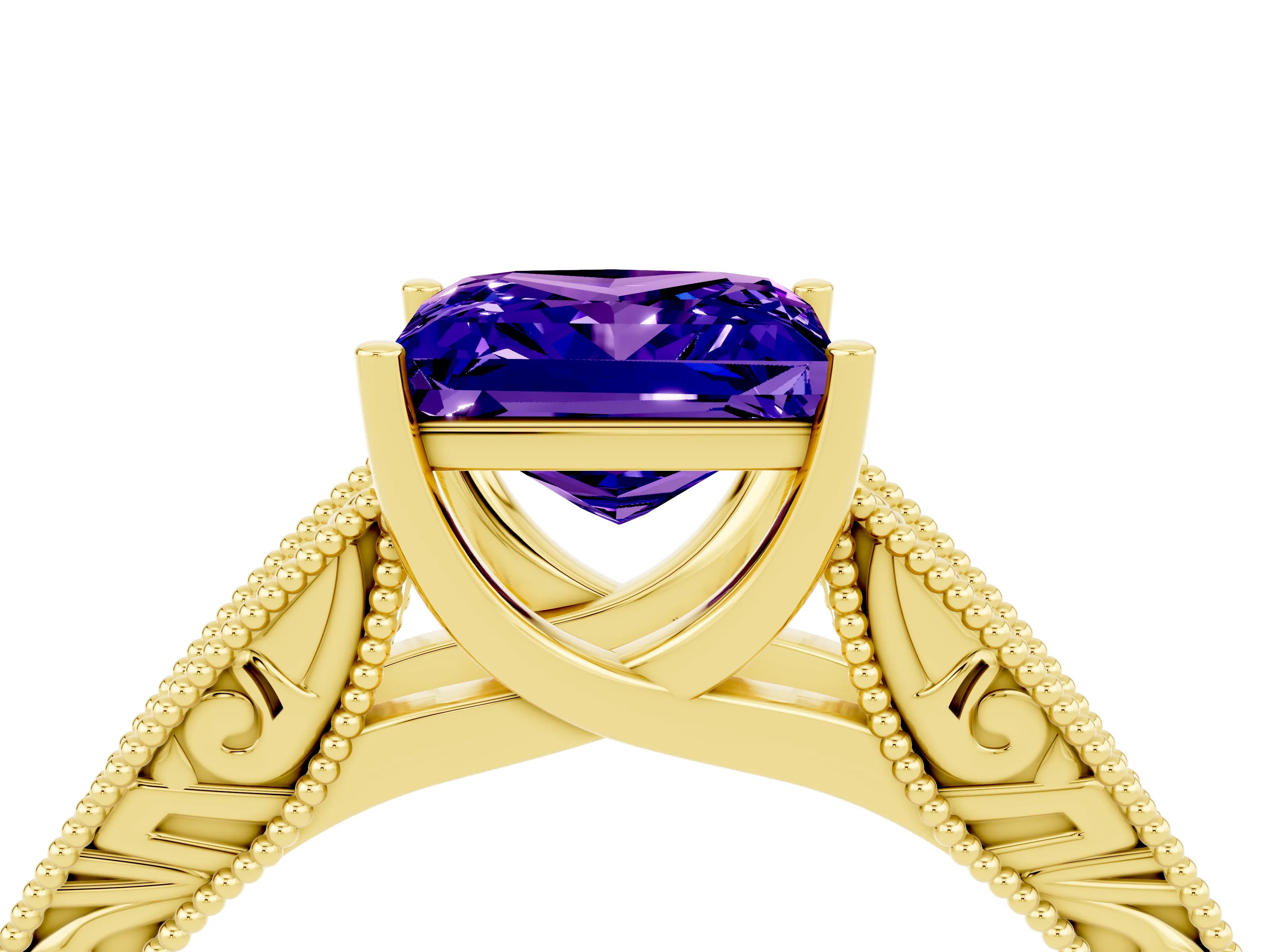Yellow gold Princess Cut Tanzanite Solitaire Ring with Engraved Band and Four-Prong Setting_4