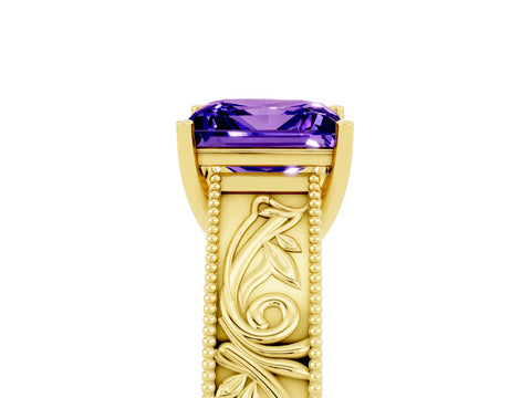 Yellow gold Princess Cut Tanzanite Solitaire Ring with Engraved Band and Four-Prong Setting_5