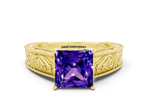 Yellow gold Princess Cut Tanzanite Solitaire Ring with Engraved Band and Four-Prong Setting