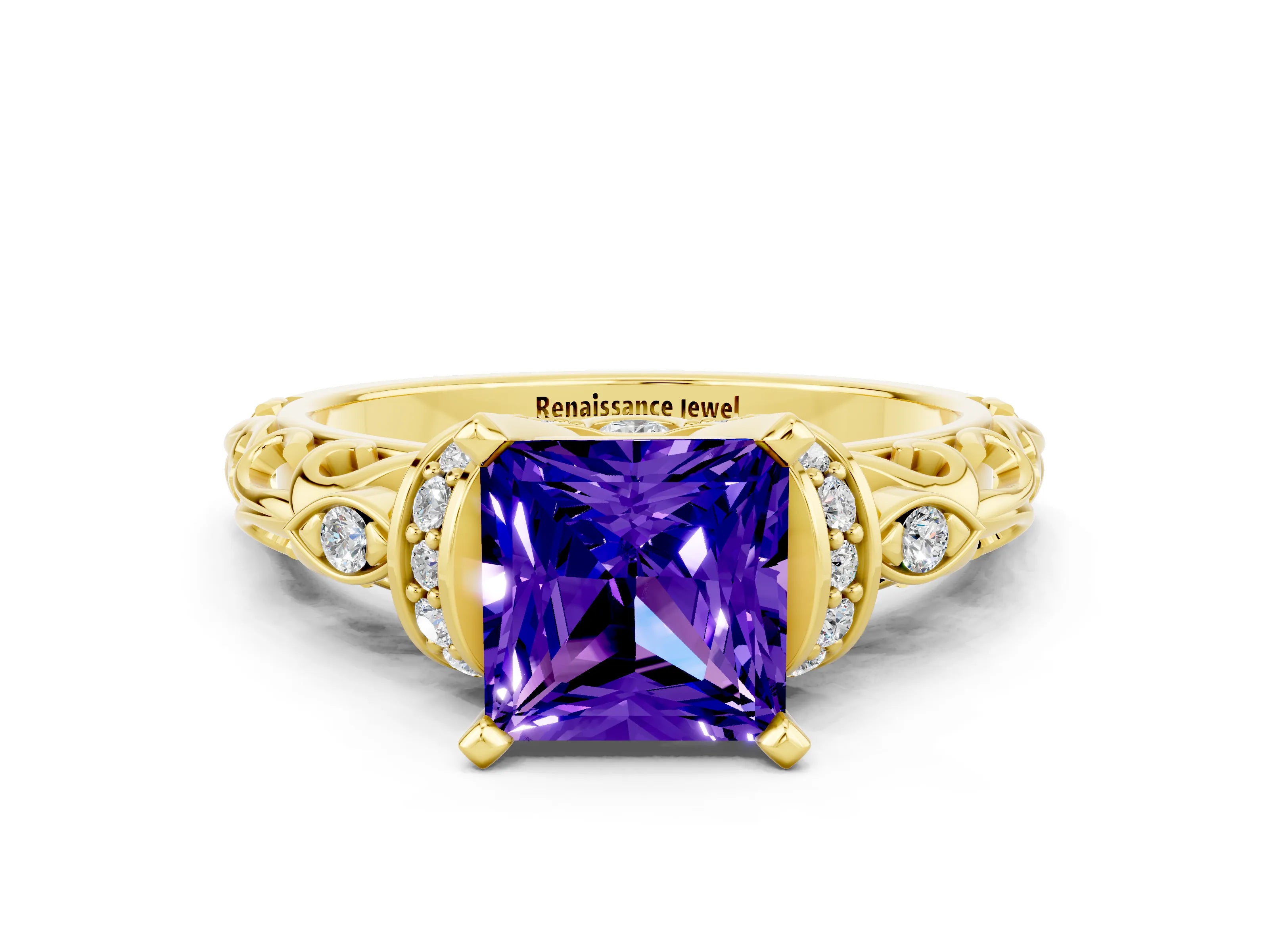 Yellow gold Princess Cut Tanzanite Solitaire Ring with Filigree Band and Four-Prong Setting_24