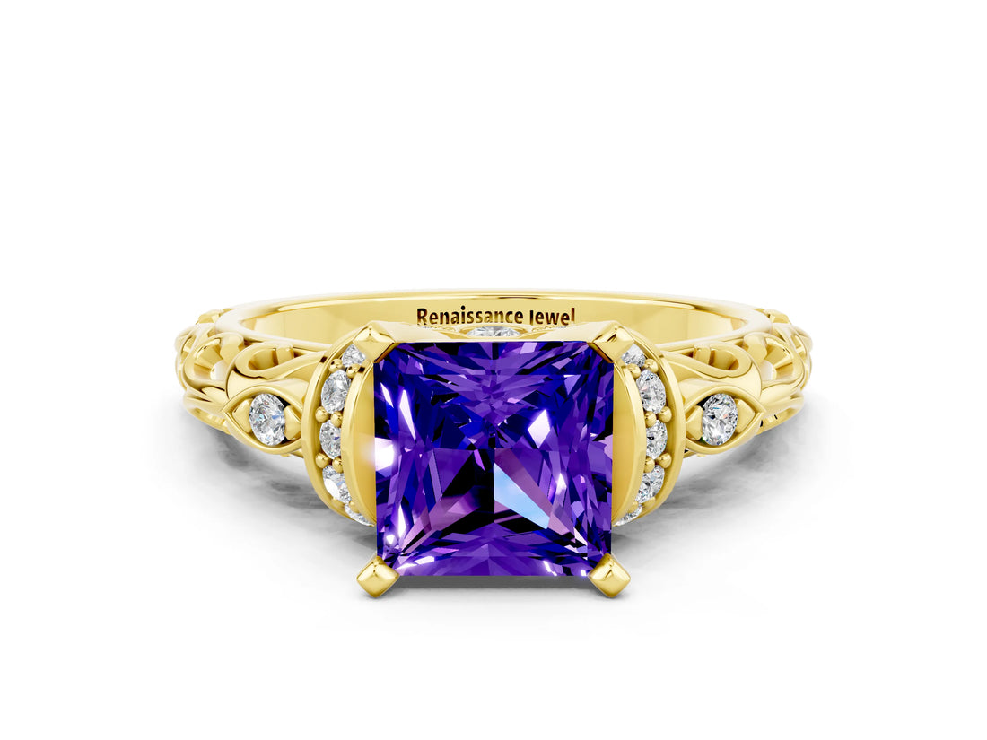 Yellow gold Princess Cut Tanzanite Solitaire Ring with Filigree Band and Four-Prong Setting_24