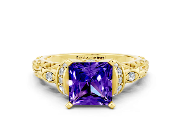 Yellow gold Princess Cut Tanzanite Solitaire Ring with Filigree Band and Four-Prong Setting