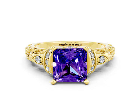 Yellow gold Princess Cut Tanzanite Solitaire Ring with Filigree Band and Four-Prong Setting_24
