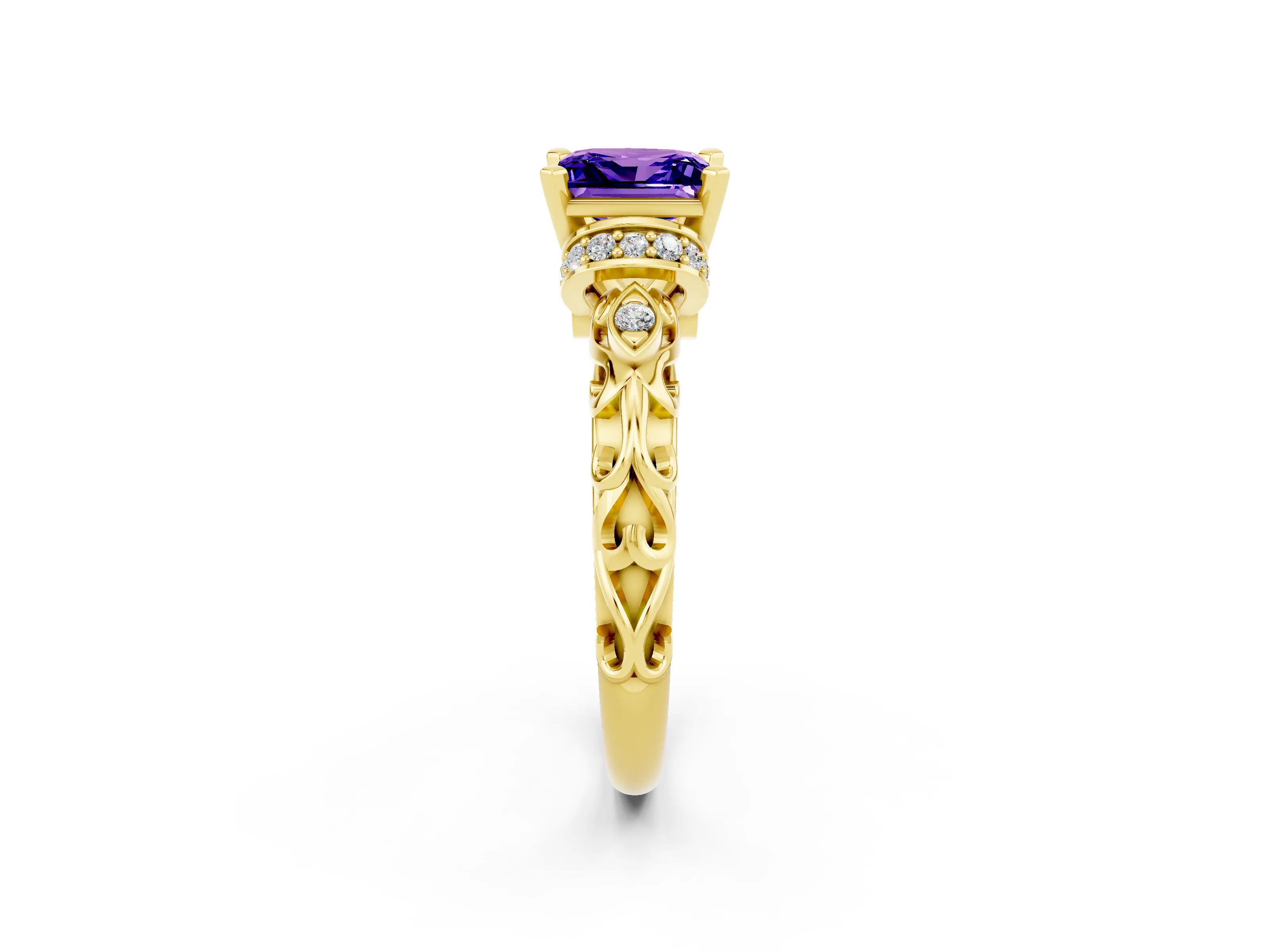 Yellow gold Princess Cut Tanzanite Solitaire Ring with Filigree Band and Four-Prong Setting_26