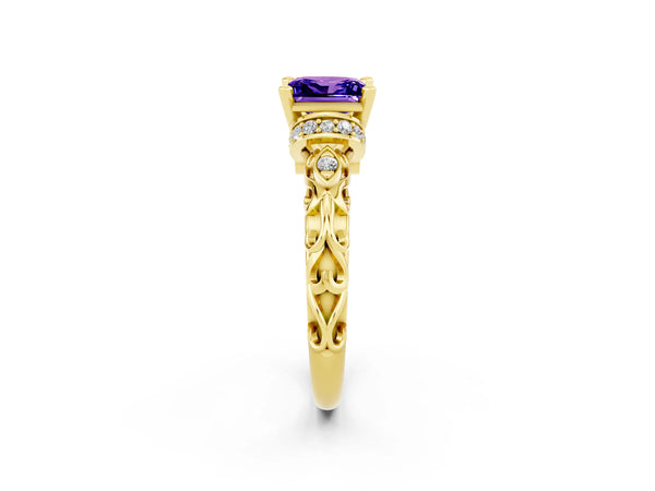 Yellow gold Princess Cut Tanzanite Solitaire Ring with Filigree Band and Four-Prong Setting