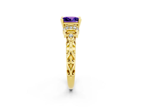 Yellow gold Princess Cut Tanzanite Solitaire Ring with Filigree Band and Four-Prong Setting_26