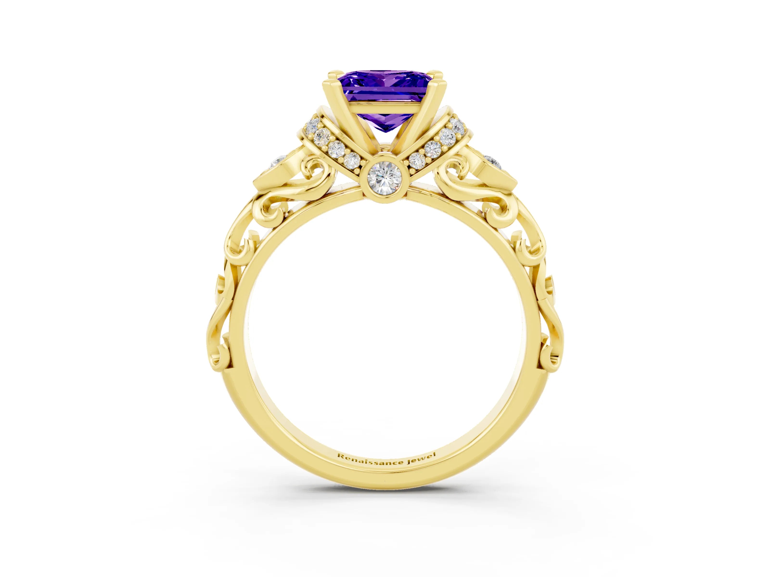 Yellow gold Princess Cut Tanzanite Solitaire Ring with Filigree Band and Four-Prong Setting_27