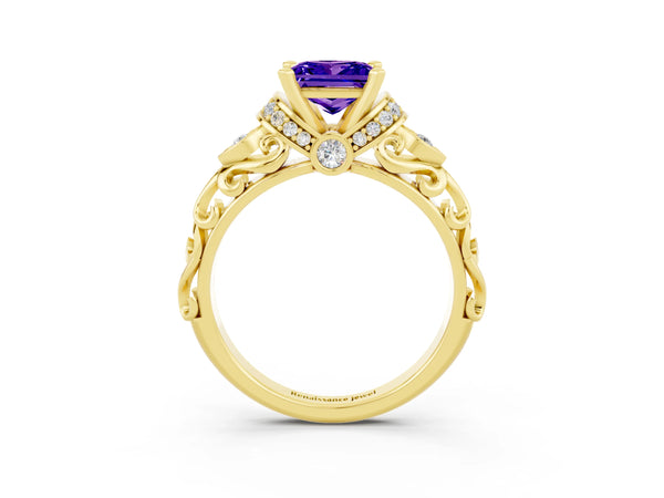 Yellow gold Princess Cut Tanzanite Solitaire Ring with Filigree Band and Four-Prong Setting