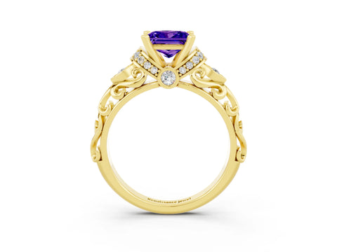 Yellow gold Princess Cut Tanzanite Solitaire Ring with Filigree Band and Four-Prong Setting_27