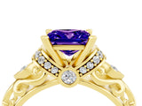 Yellow gold Princess Cut Tanzanite Solitaire Ring with Filigree Band and Four-Prong Setting_28