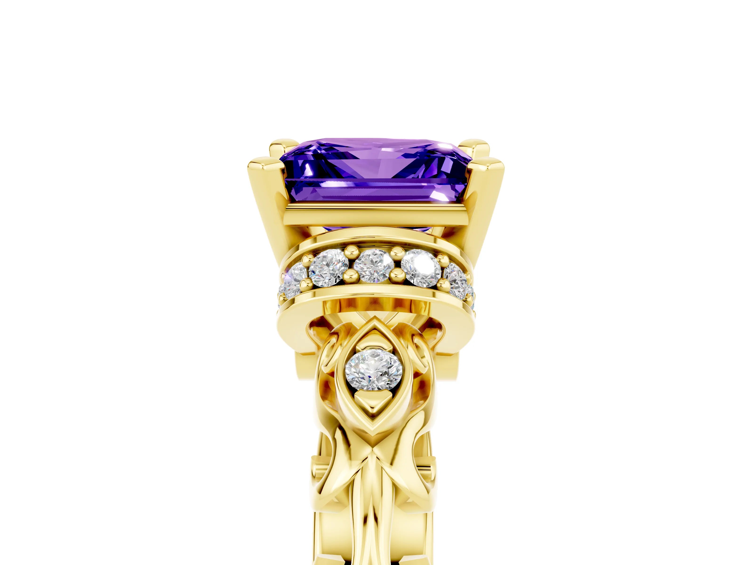 Yellow gold Princess Cut Tanzanite Solitaire Ring with Filigree Band and Four-Prong Setting_29