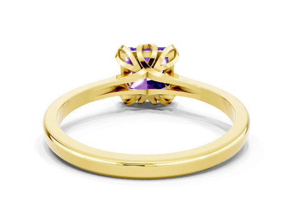 Yellow gold Princess Cut Tanzanite Solitaire Ring with Flower Prong Setting and Classic Band