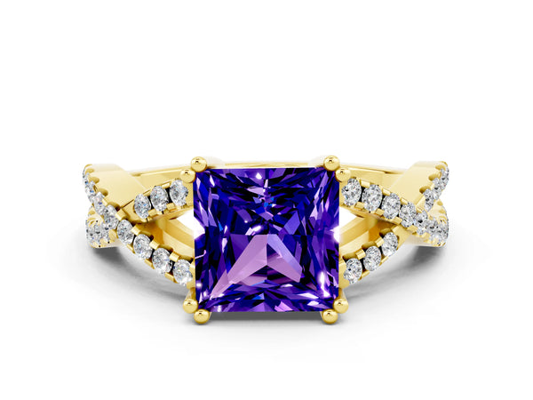 Yellow gold Princess Cut Tanzanite Solitaire Ring with Four-Prong Setting and Twisted Pavé Band