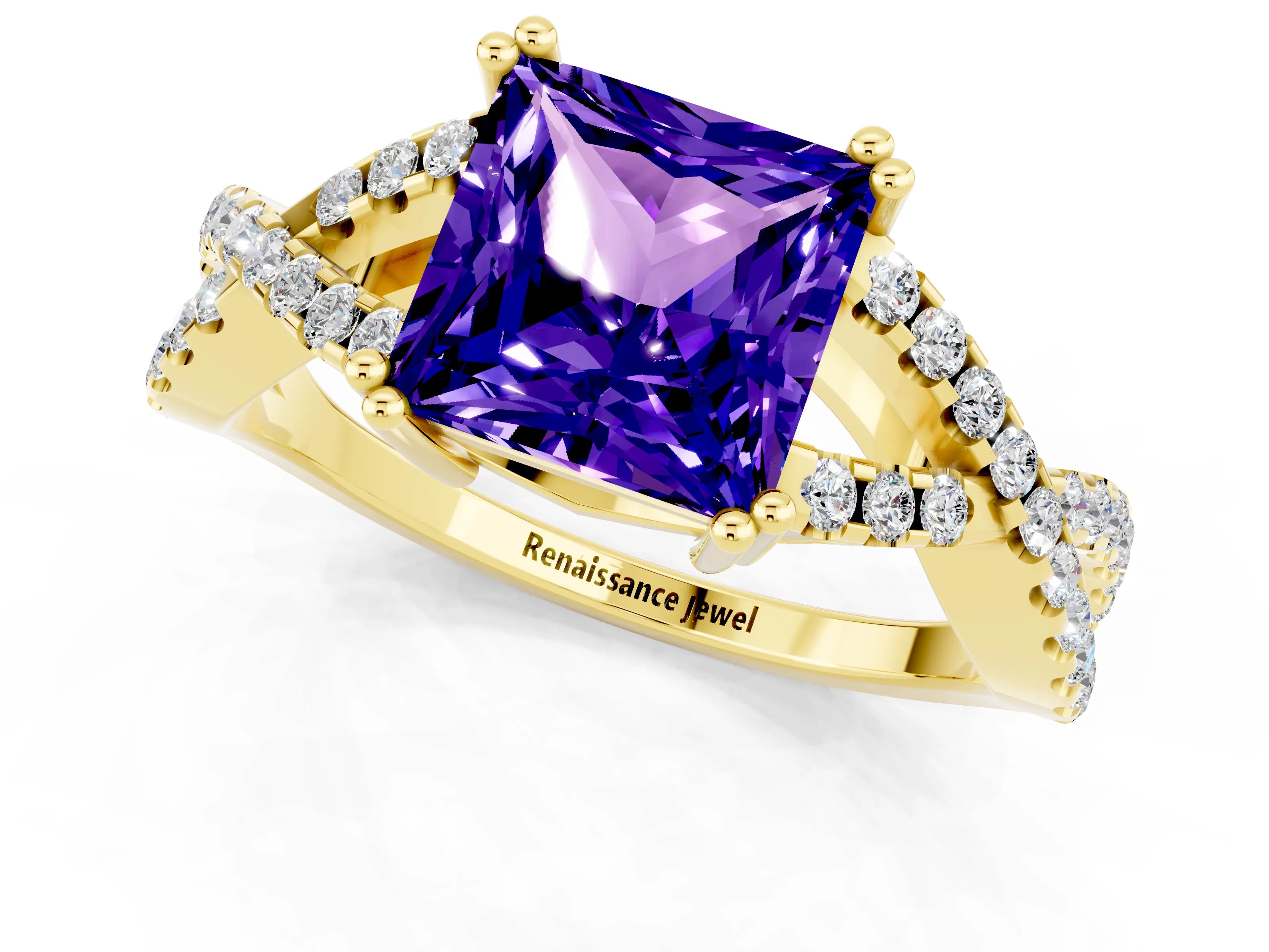 Yellow gold Princess Cut Tanzanite Solitaire Ring with Four-Prong Setting and Twisted Pavé Band_1