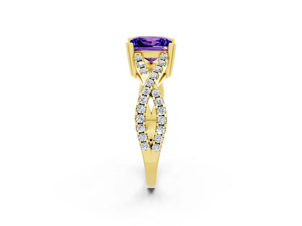 Yellow gold Princess Cut Tanzanite Solitaire Ring with Four-Prong Setting and Twisted Pavé Band