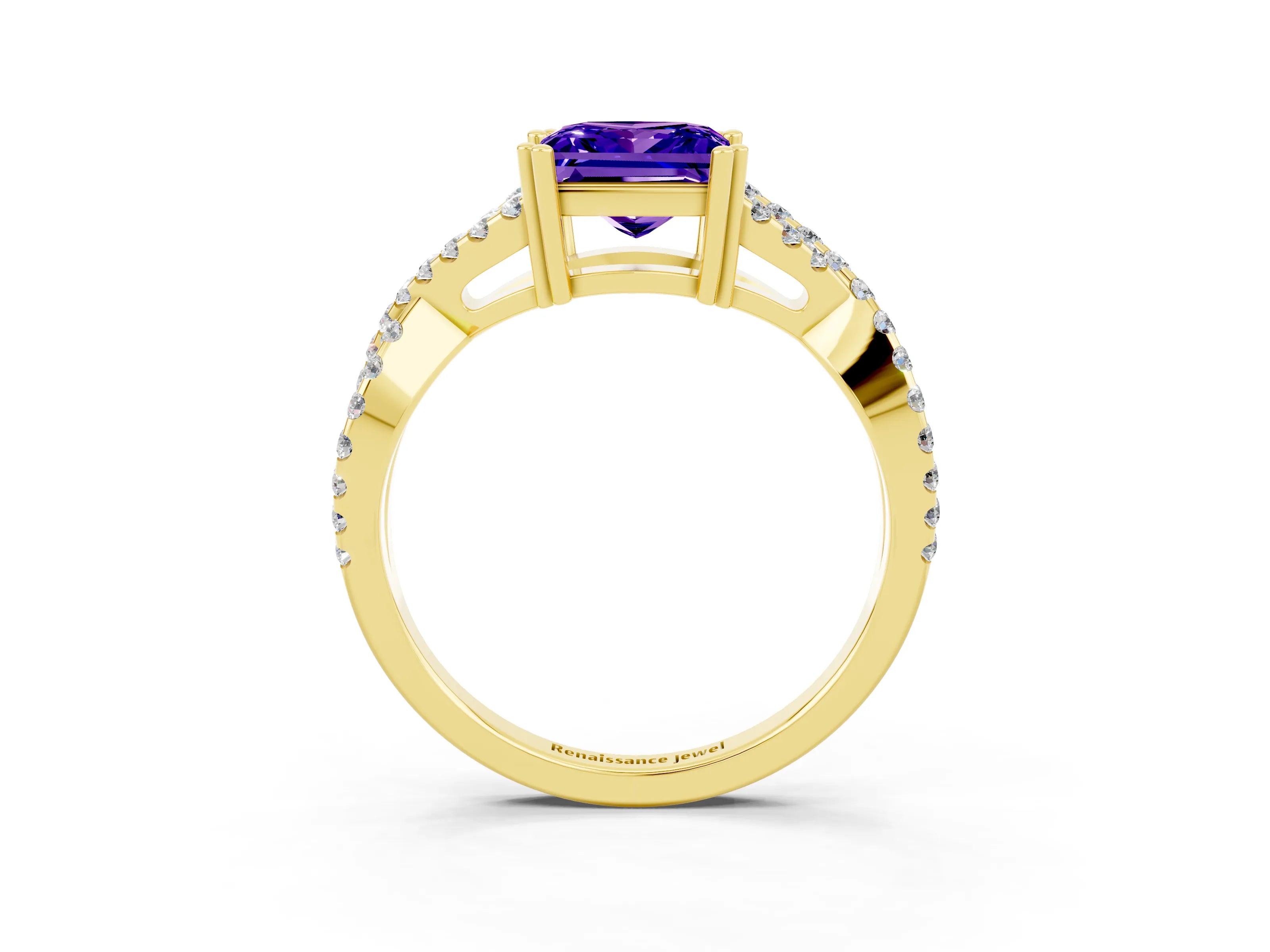 Yellow gold Princess Cut Tanzanite Solitaire Ring with Four-Prong Setting and Twisted Pavé Band_3