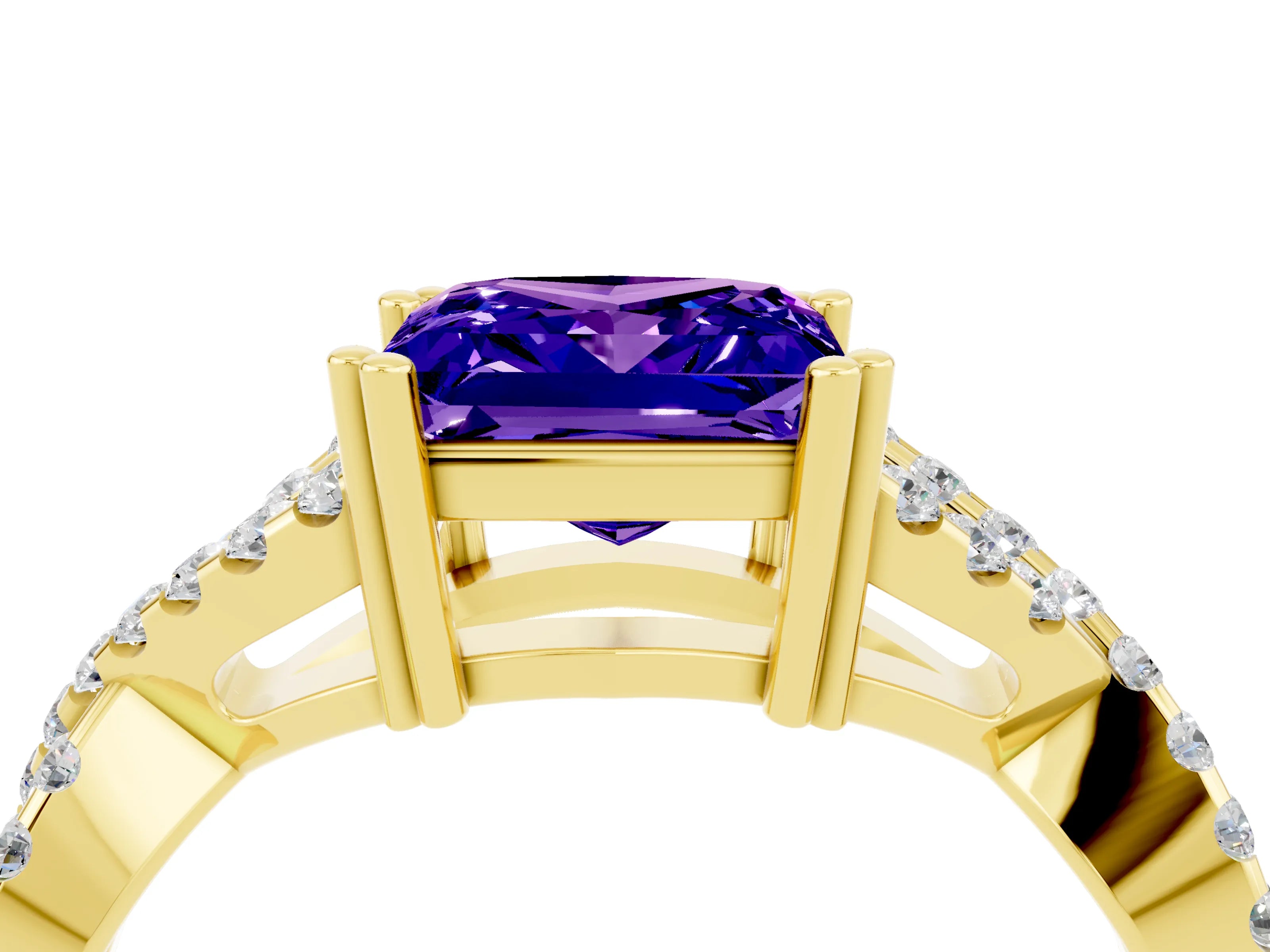 Yellow gold Princess Cut Tanzanite Solitaire Ring with Four-Prong Setting and Twisted Pavé Band_4