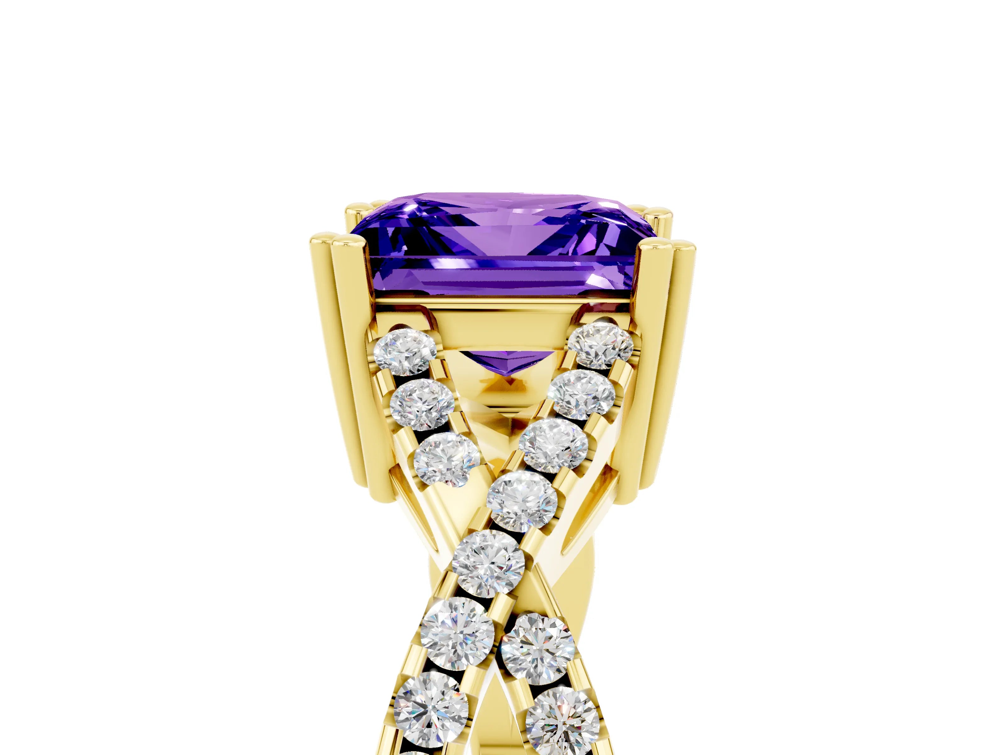Yellow gold Princess Cut Tanzanite Solitaire Ring with Four-Prong Setting and Twisted Pavé Band_5