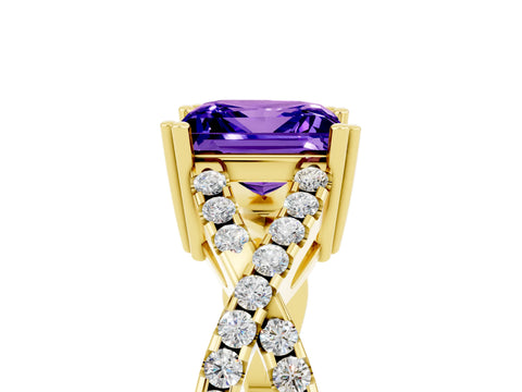 Yellow gold Princess Cut Tanzanite Solitaire Ring with Four-Prong Setting and Twisted Pavé Band_5