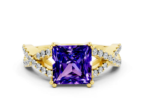 Yellow gold Princess Cut Tanzanite Solitaire Ring with Four-Prong Setting and Twisted Pavé Band
