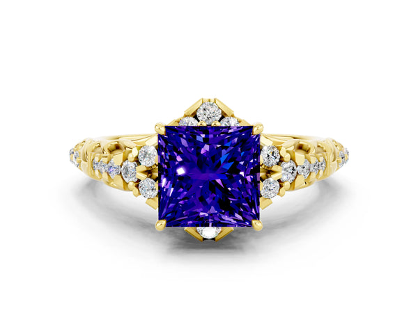 Yellow gold Princess Cut Tanzanite Solitaire Ring with Hidden Halo and Pavé Band