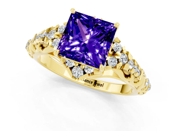 Yellow gold Princess Cut Tanzanite Solitaire Ring with Hidden Halo and Pavé Band