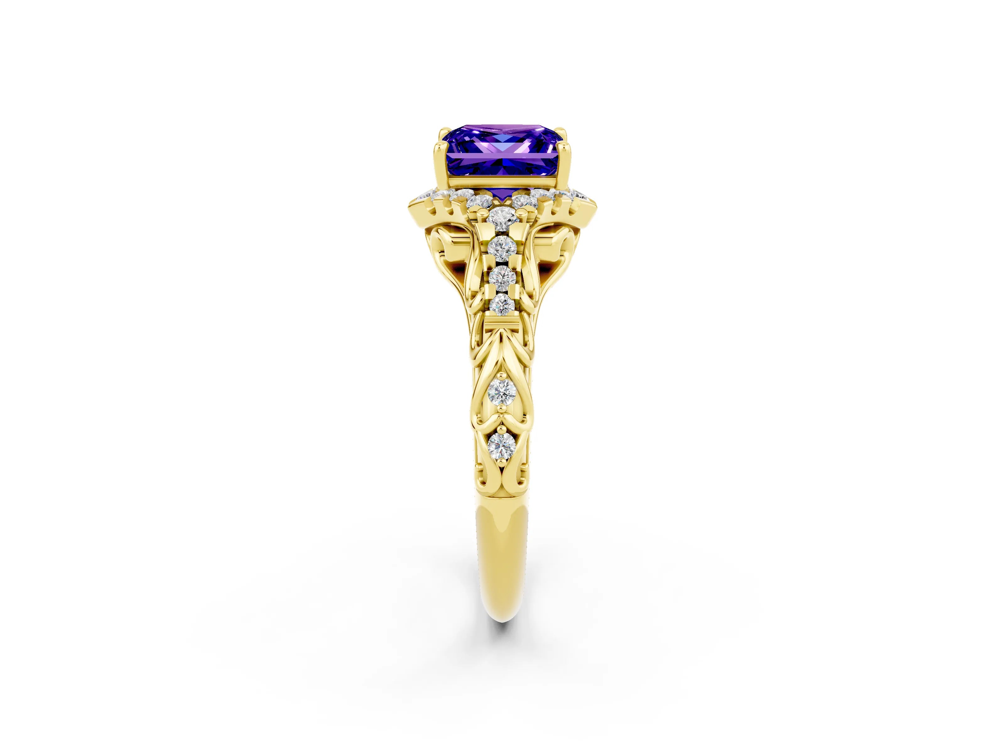 Yellow gold Princess Cut Tanzanite Solitaire Ring with Hidden Halo and Pavé Band_14