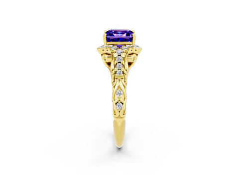 Yellow gold Princess Cut Tanzanite Solitaire Ring with Hidden Halo and Pavé Band_14