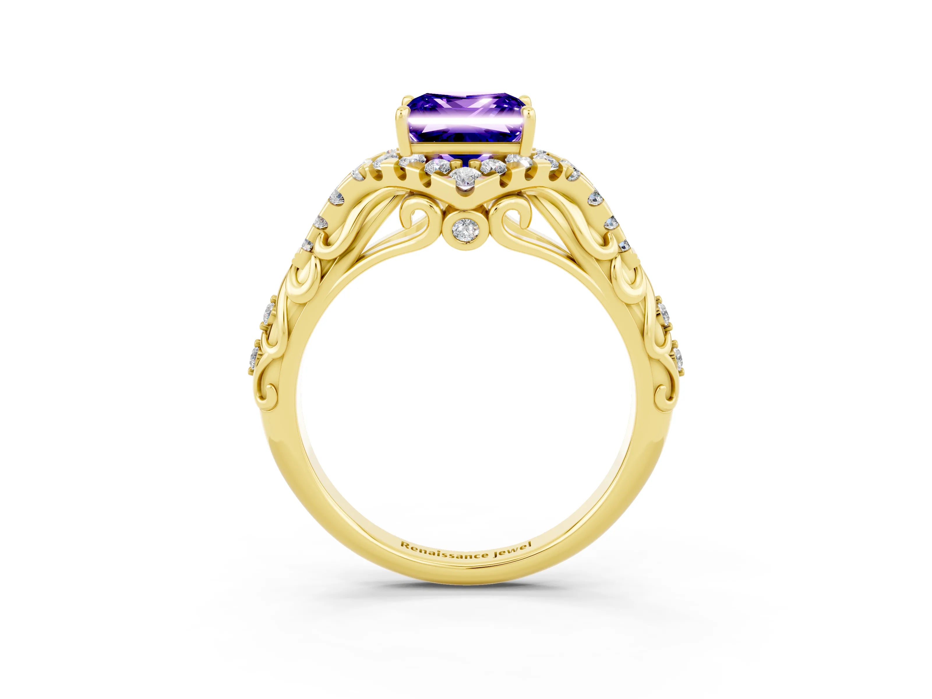 Yellow gold Princess Cut Tanzanite Solitaire Ring with Hidden Halo and Pavé Band_15