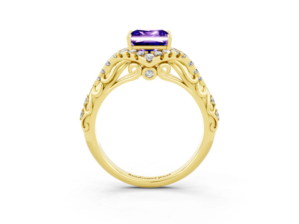 Yellow gold Princess Cut Tanzanite Solitaire Ring with Hidden Halo and Pavé Band