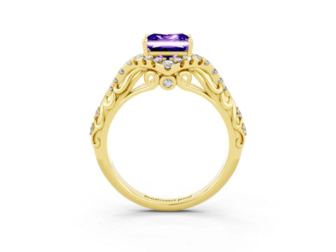 Yellow gold Princess Cut Tanzanite Solitaire Ring with Hidden Halo and Pavé Band_15
