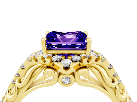 Yellow gold Princess Cut Tanzanite Solitaire Ring with Hidden Halo and Pavé Band_16