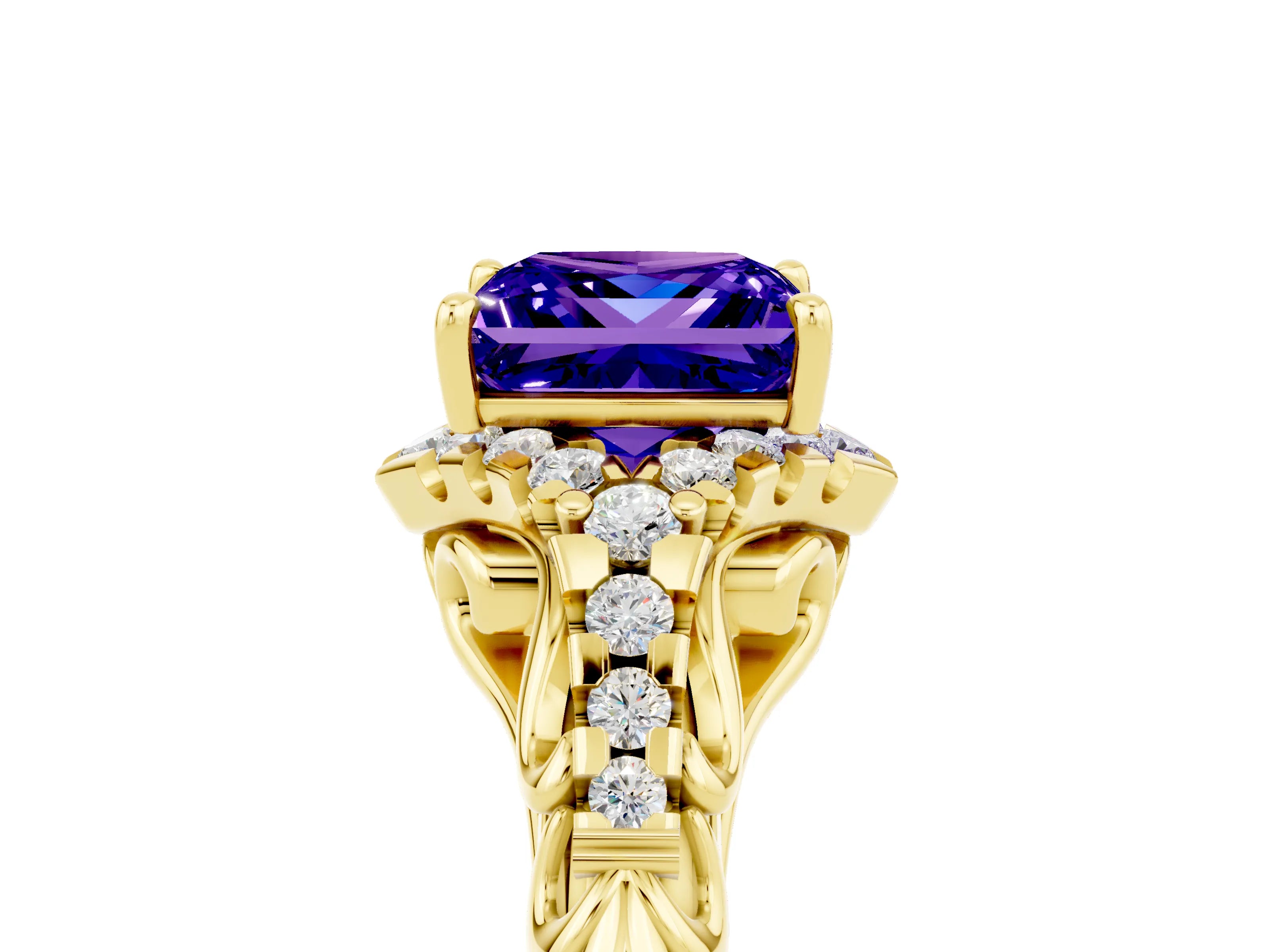 Yellow gold Princess Cut Tanzanite Solitaire Ring with Hidden Halo and Pavé Band_17