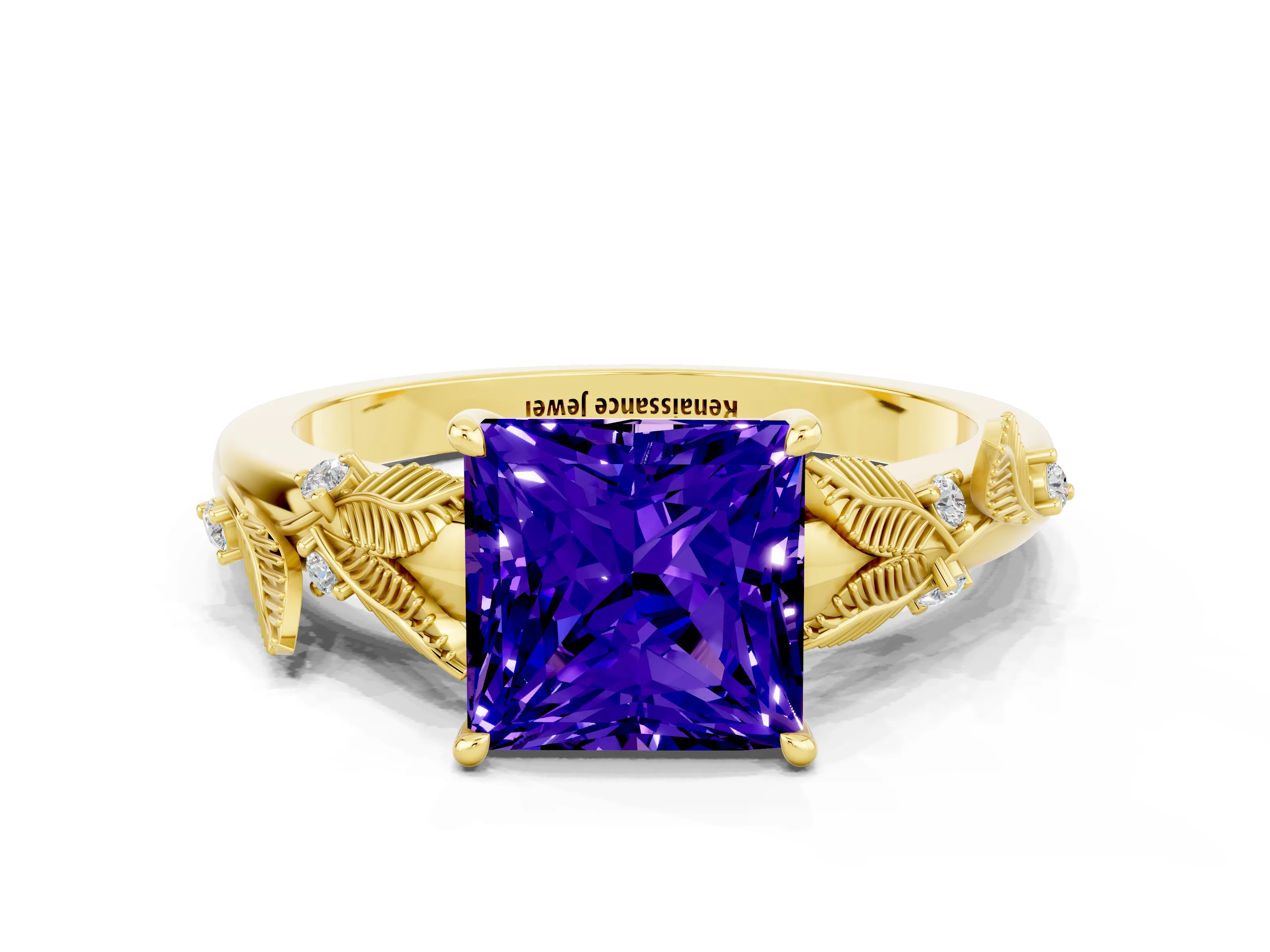 Yellow gold Princess Cut Tanzanite Solitaire Ring with Leaf Motif Band and Four-Prong Setting