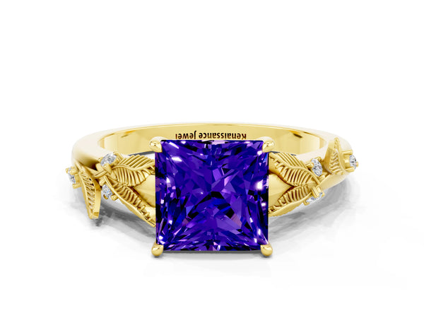 Yellow gold Princess Cut Tanzanite Solitaire Ring with Leaf Motif Band and Four-Prong Setting