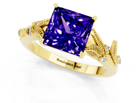 Yellow gold Princess Cut Tanzanite Solitaire Ring with Leaf Motif Band and Four-Prong Setting_1