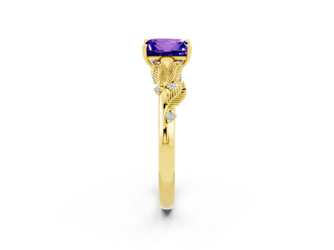 Yellow gold Princess Cut Tanzanite Solitaire Ring with Leaf Motif Band and Four-Prong Setting_2