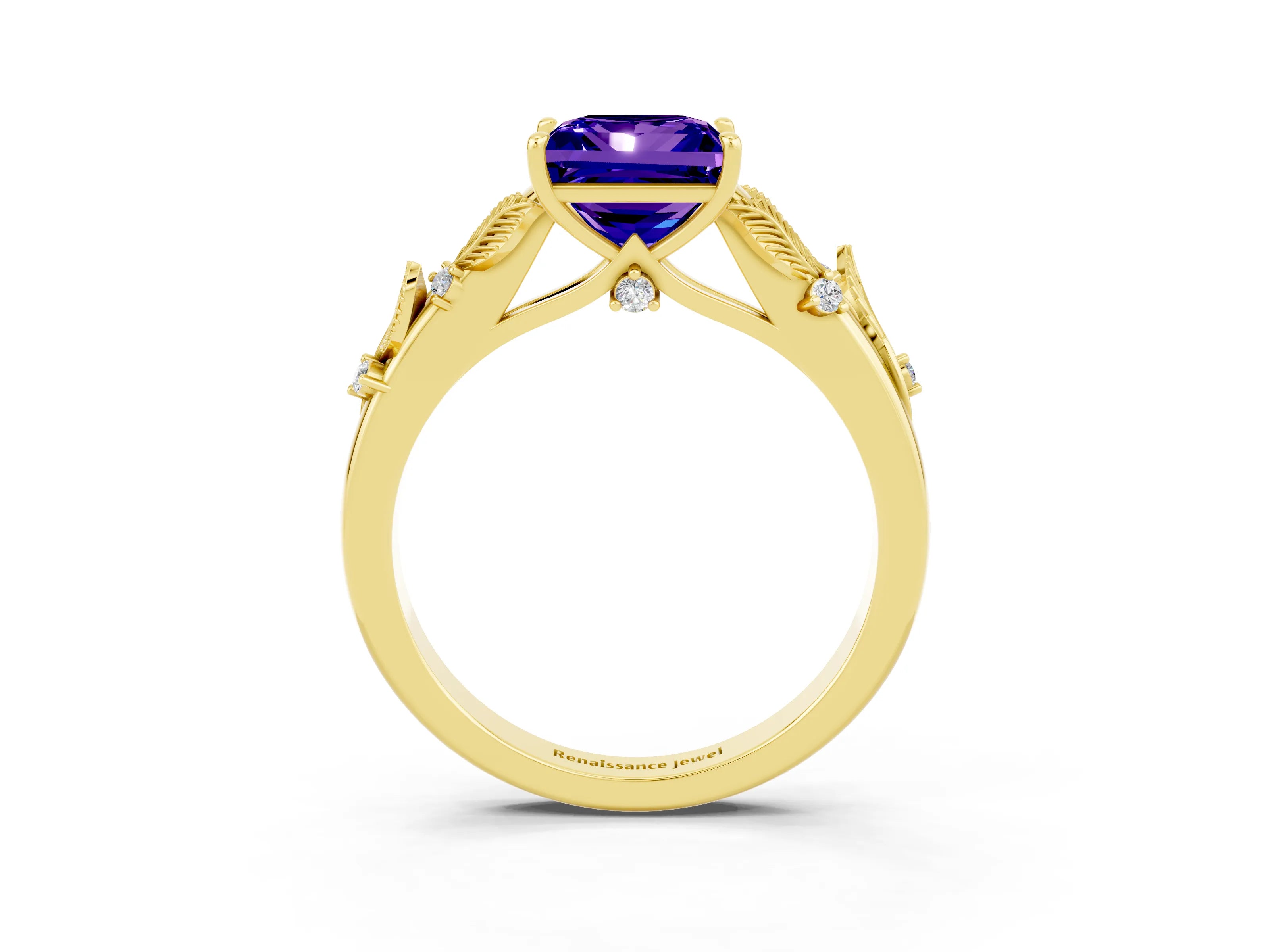 Yellow gold Princess Cut Tanzanite Solitaire Ring with Leaf Motif Band and Four-Prong Setting_3