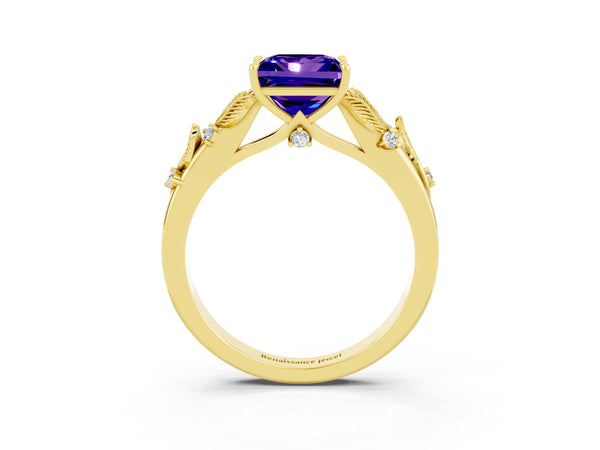 Yellow gold Princess Cut Tanzanite Solitaire Ring with Leaf Motif Band and Four-Prong Setting