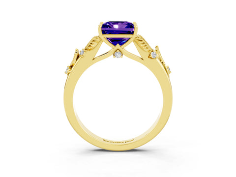 Yellow gold Princess Cut Tanzanite Solitaire Ring with Leaf Motif Band and Four-Prong Setting_3