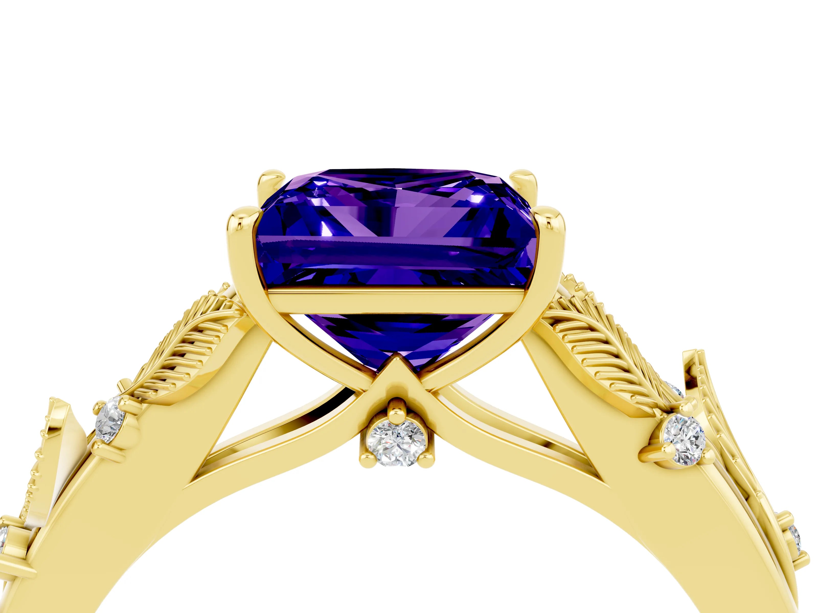Yellow gold Princess Cut Tanzanite Solitaire Ring with Leaf Motif Band and Four-Prong Setting_4