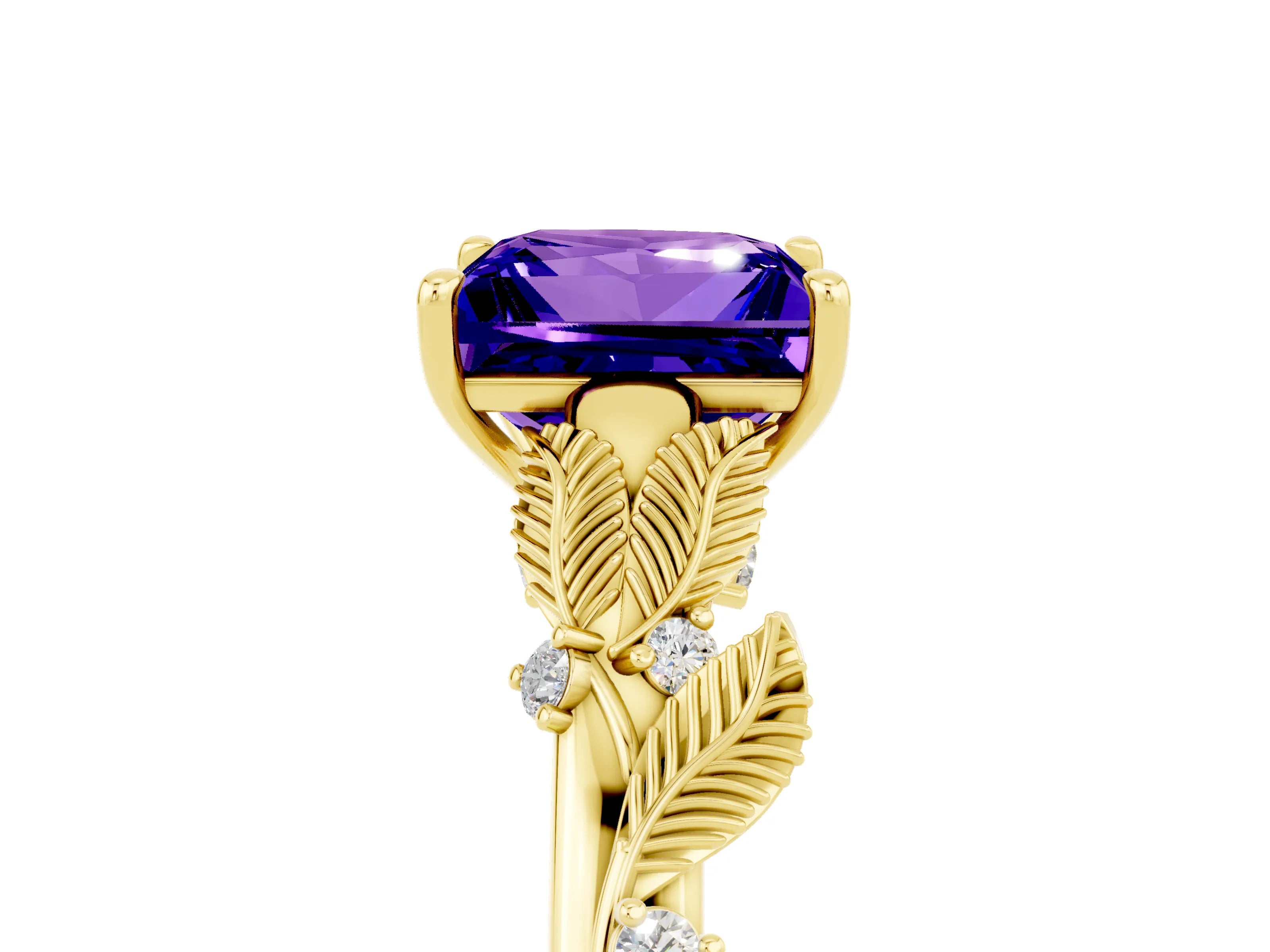 Yellow gold Princess Cut Tanzanite Solitaire Ring with Leaf Motif Band and Four-Prong Setting_5