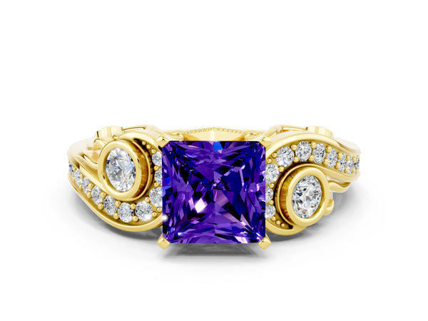 Yellow gold Princess Cut Tanzanite Solitaire Ring with Milgrain Pavé Band and Four-Prong Setting