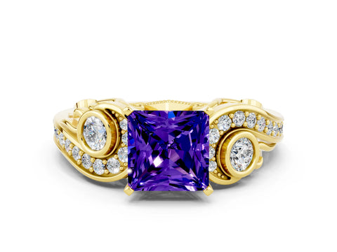 Yellow gold Princess Cut Tanzanite Solitaire Ring with Milgrain Pavé Band and Four-Prong Setting_24